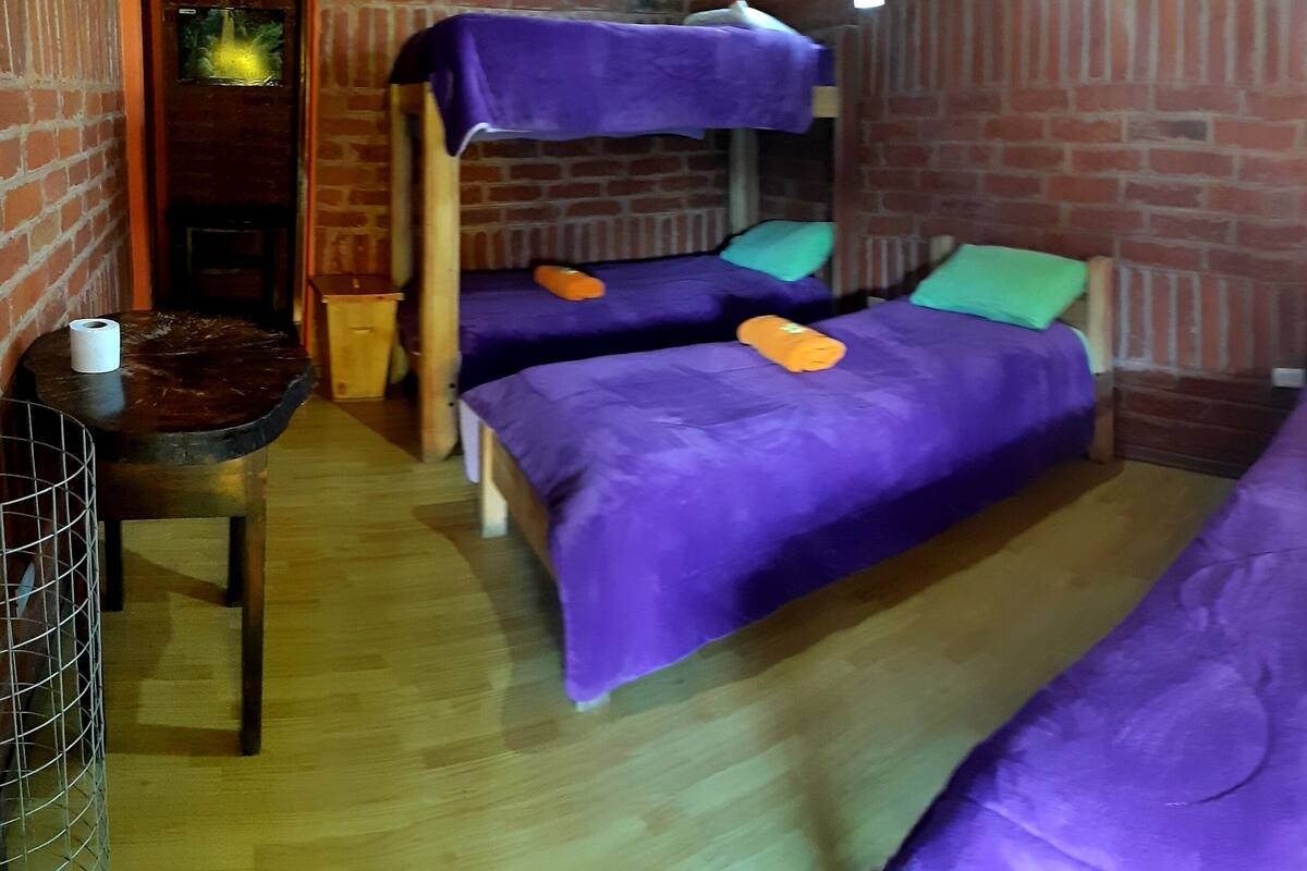 A room with two beds, each with a purple bedspread, a small wooden table with a roll of toilet paper, and a brick wall.