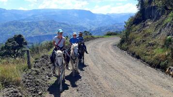 Three people riding horses on a dirt road with mountainous terrain and sparse vegetation on either side.