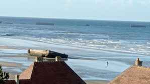 A coastal scene with a large shipwreck on the beach, a person standing in the water, and buildings with red roofs in the foreground.
