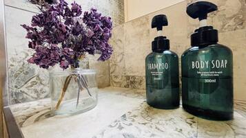 Shower, hair dryer, bidet, towels