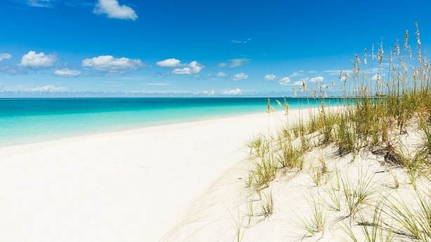 Une plage à l’eau turquoise et limpide et au sable blanc.