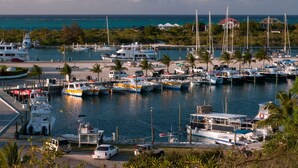 Un port de plaisance avec des bateaux amarrés, une voiture garée et un bâtiment avec un toit rouge en arrière-plan.