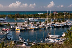 A marina with boats docked, a docked car, and a building with a red roof in the background.