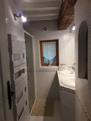Secador de cabelo, toalhas de banho, papel higiênico