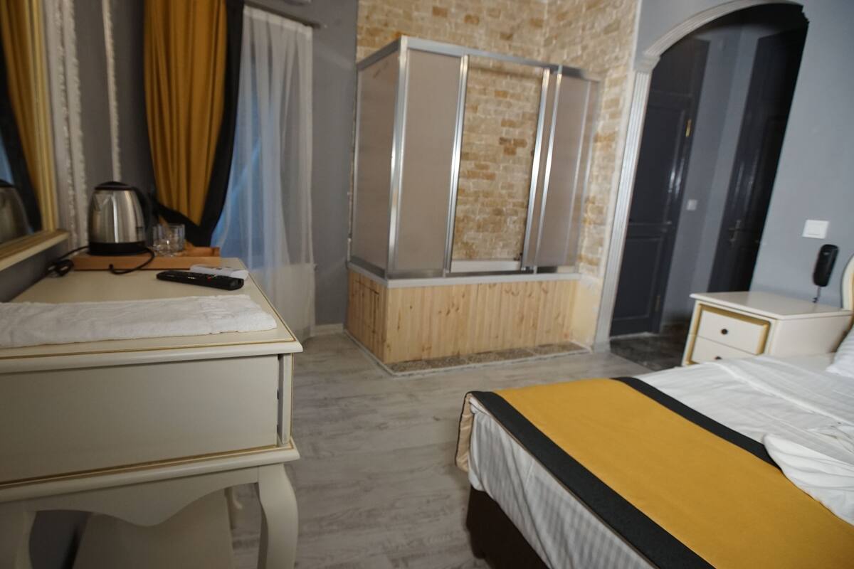 A hotel room with a bed, a desk, a mirror, a wardrobe, and a shower area.