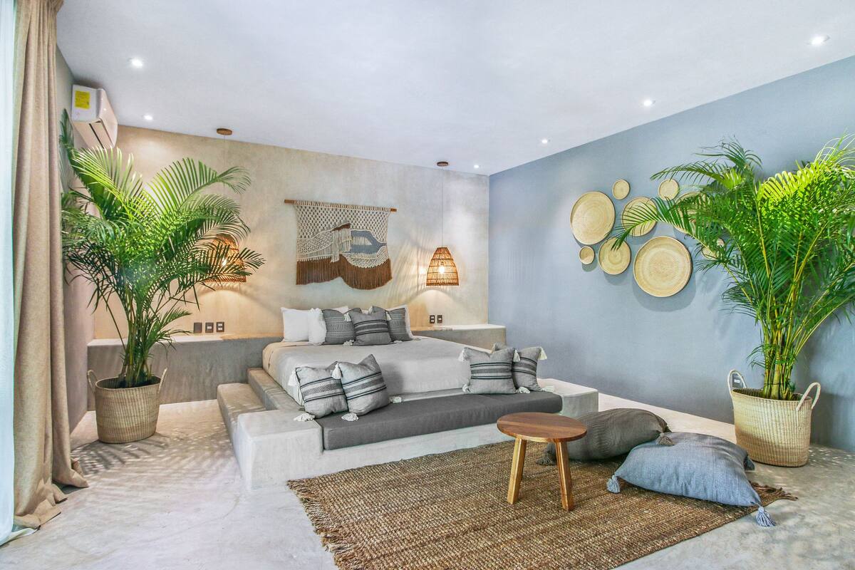 Une chambre moderne avec un canapé-lit, une petite table en bois et deux grands plants en pot.