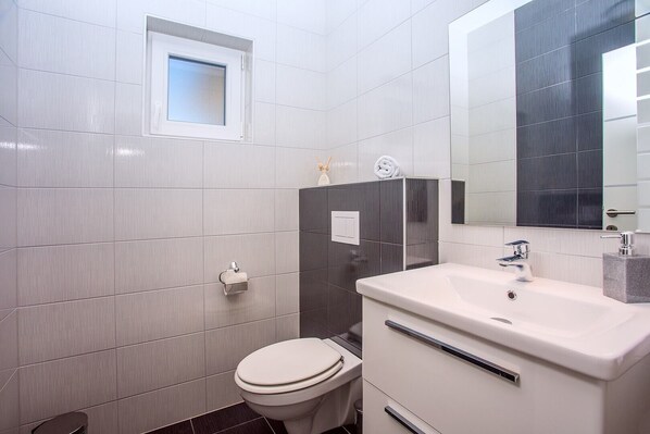 Une salle de bain moderne avec des toilettes, un lavabo et un miroir.