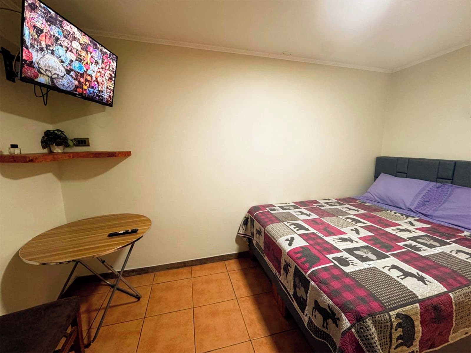 Un dormitorio con cama, televisor montado en la pared, una mesita y una estantería con una planta.