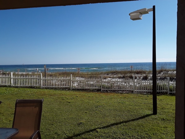 A grassy outdoor area with a white fence and a view of the ocean. - Beautiful Beach View on Ground Floor (Pensacola)