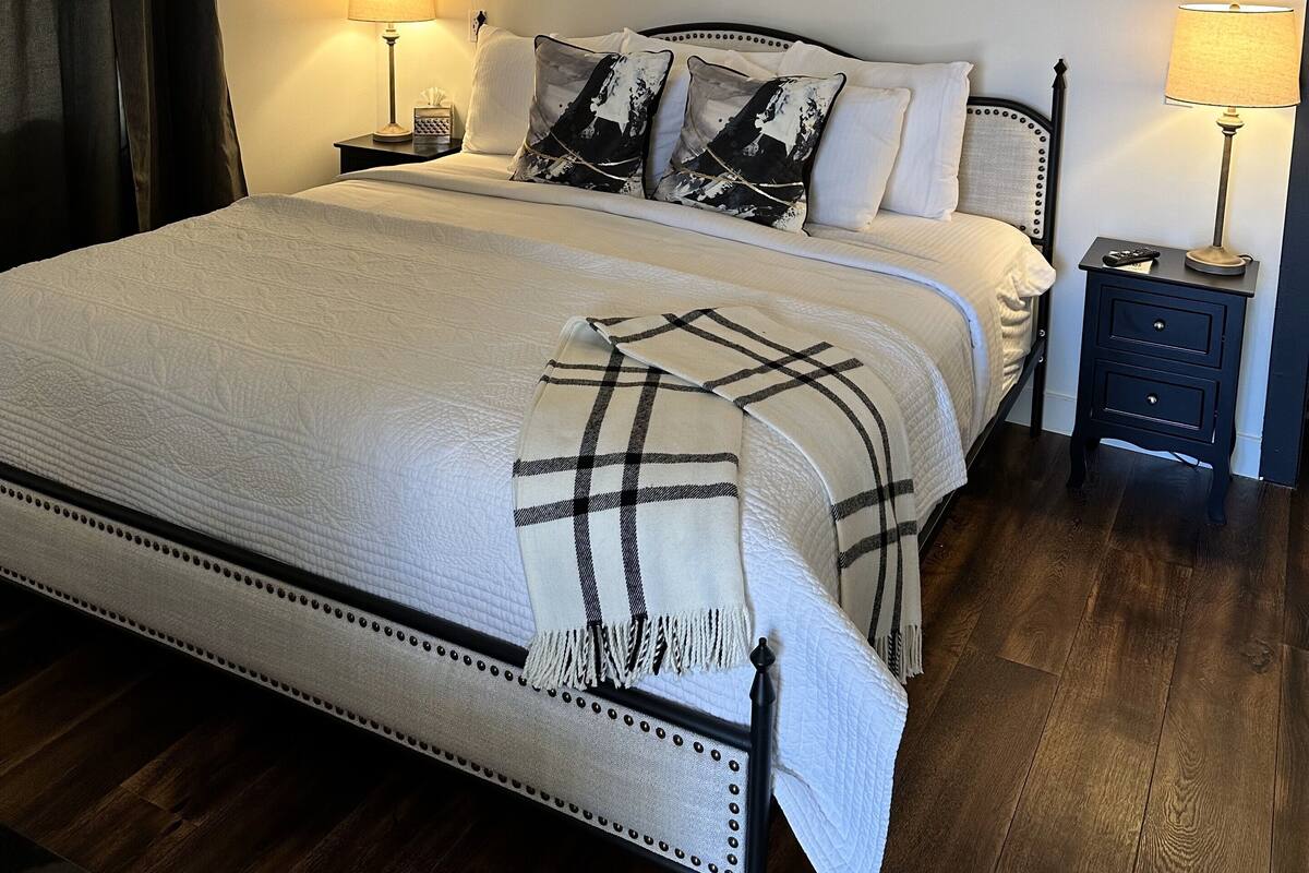 A neatly made bed with a plaid throw blanket, two bedside lamps, a nightstand with a remote control, and a painting above the bed.