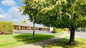 A motel with a covered parking area, a sidewalk, and a tree in the foreground. - Motor City Inn & Suites (Melvindale)