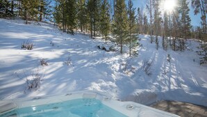 A hot tub in a snowy outdoor setting with a forest backdrop.