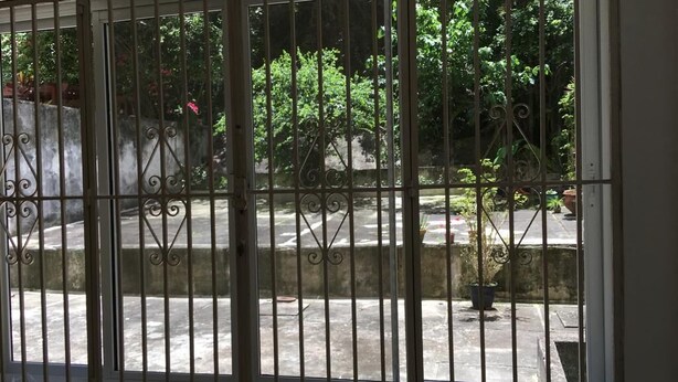 Une fenêtre avec des barreaux en métal donnant sur une cour intérieure agrémentée d’arbres et de plantes en pot.