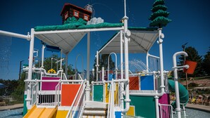 A water park ride with a slide, stairs, and a covered area. - Wisc Dells Amish Cabin in Woods for 10 people (Wisconsin Dells)