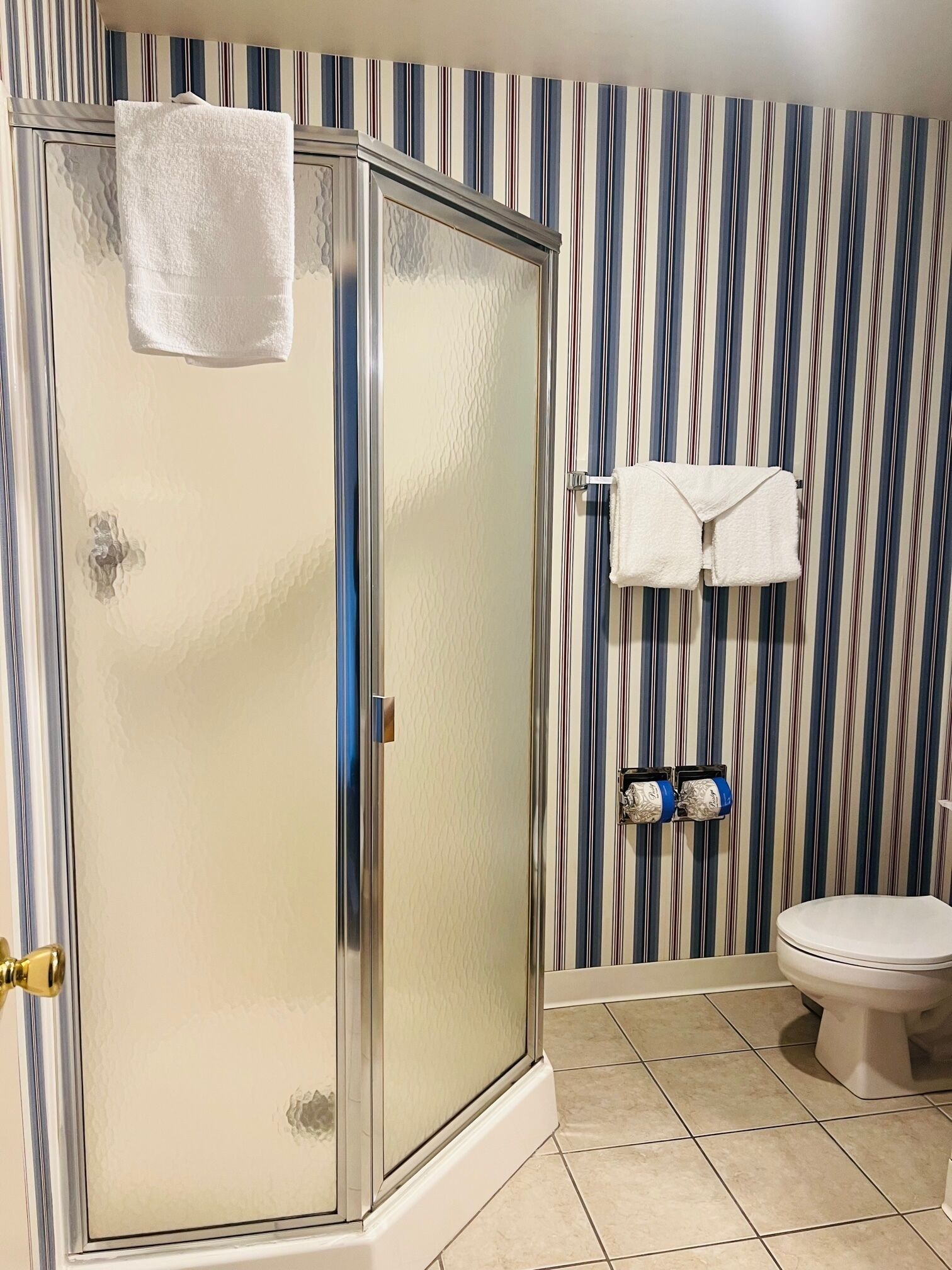 A bathroom with a glass shower enclosure, a toilet, and striped wallpaper.