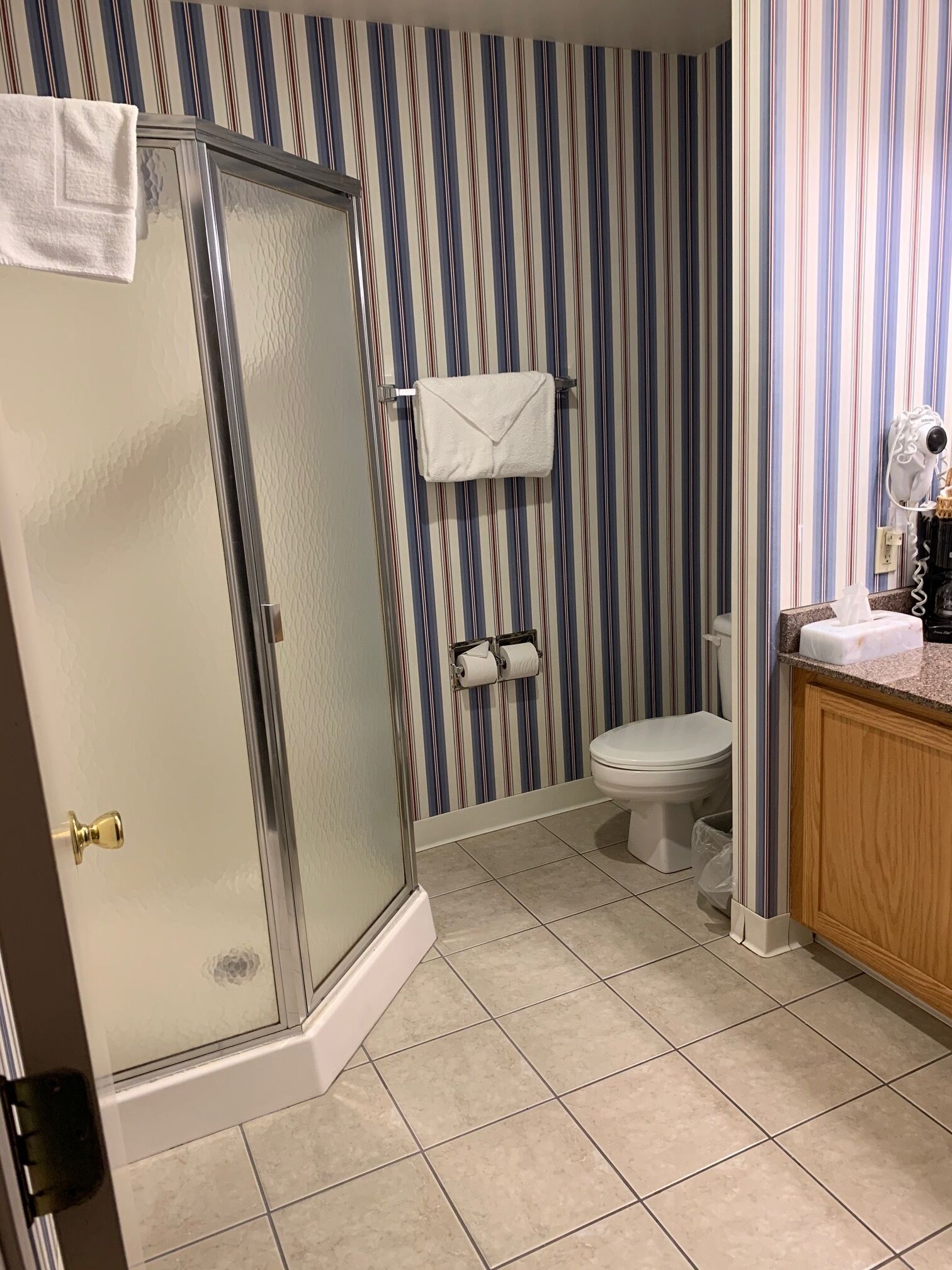 Un baño con ducha, inodoro y un perchero para toallas.