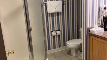Un baño con ducha, inodoro y un perchero para toallas.