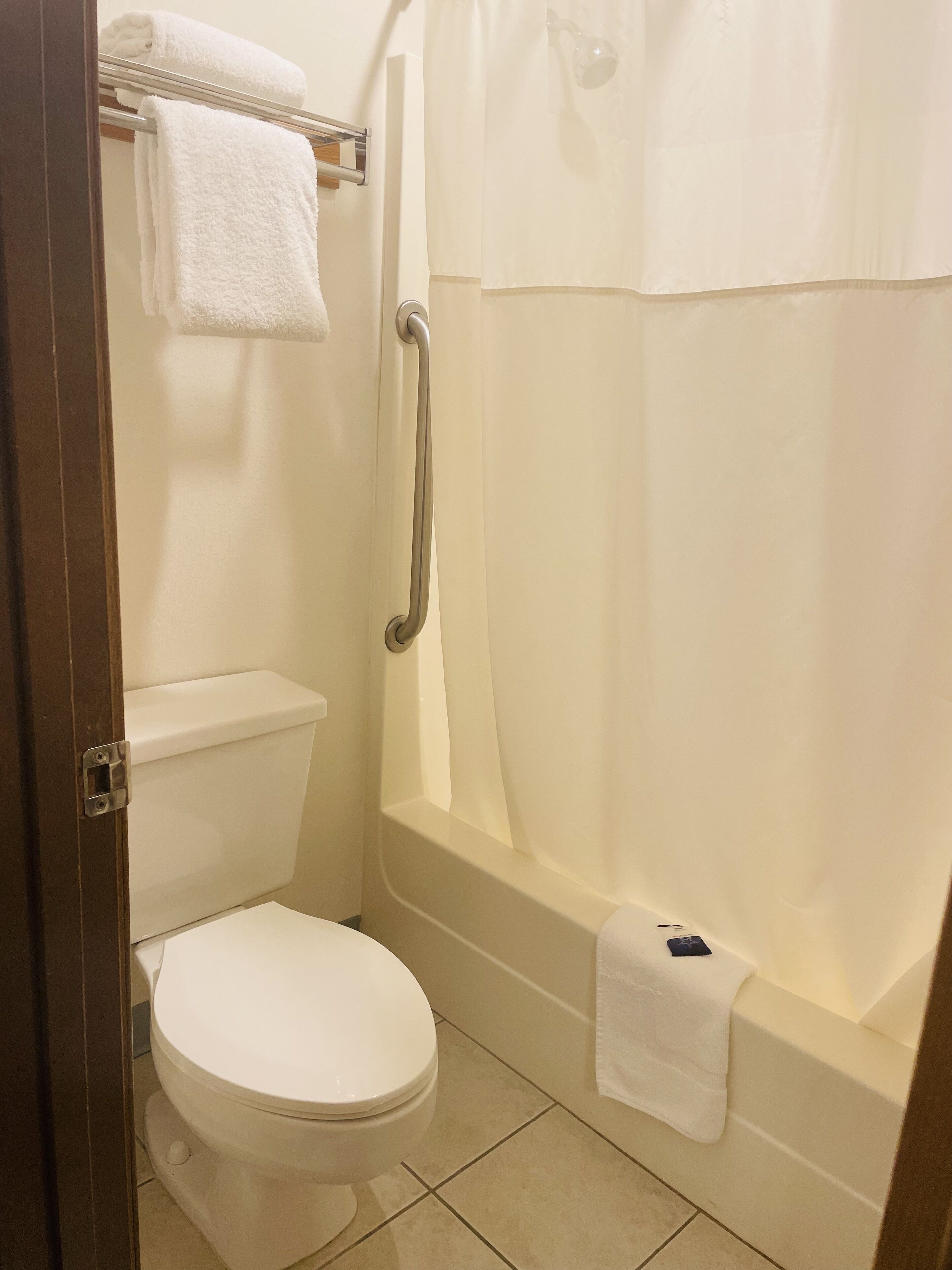 Un baño con inodoro, ducha con cortina y toallero con toalla.