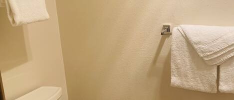 A bathroom with a white toilet, a towel rack with two towels, and a plain wall.