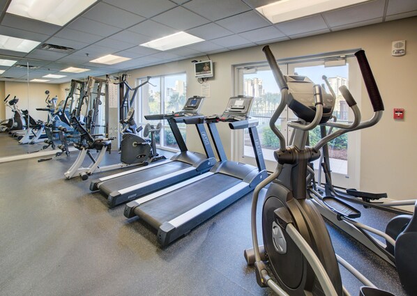 Stay active in our well-equipped gym with treadmills, elliptical trainers, and ample space to exercise.