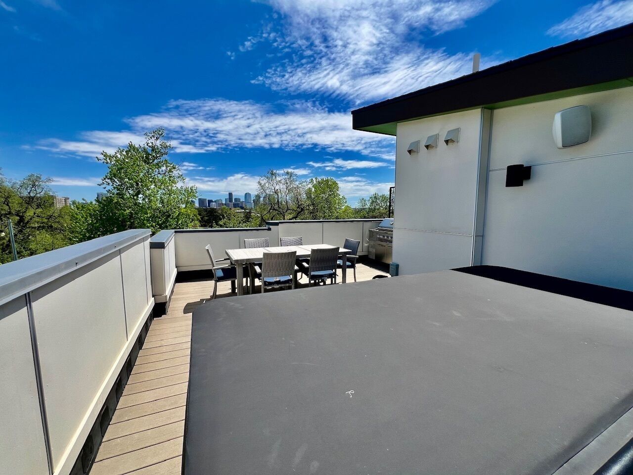 Een dakterras met een tafel, stoelen, een barbecue en uitzicht op de skyline van de stad.