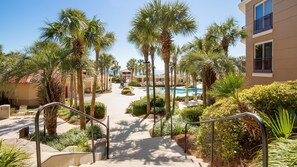 Relax by the pool surrounded by lush greenery and palm trees.