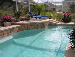 A swimming pool with tiled edges, surrounded by potted plants and blue lounge chairs.