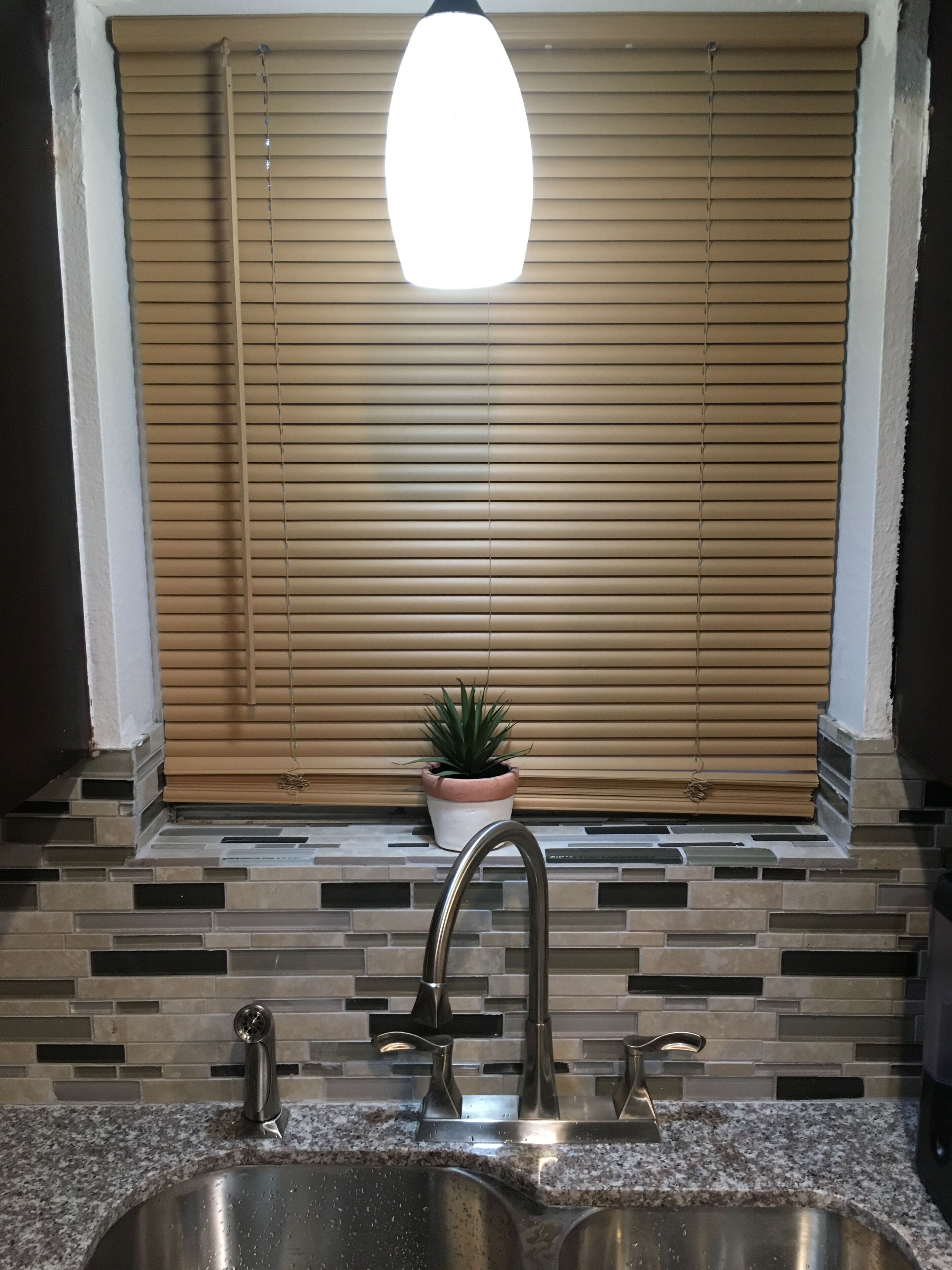 Una cocina con un lavamanos doble, una planta en maceta y una ventana con persianas.