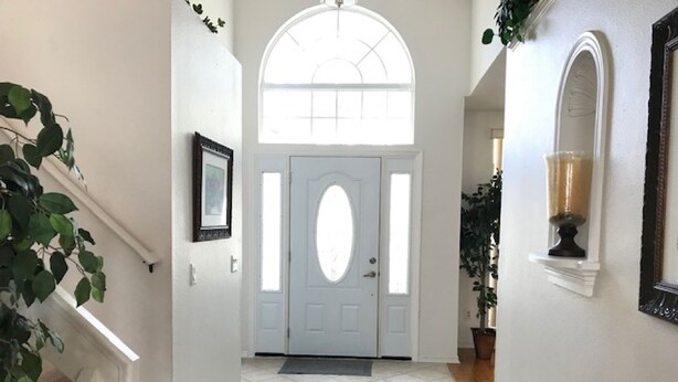 A hallway with a white door, a framed picture, and a potted plant.