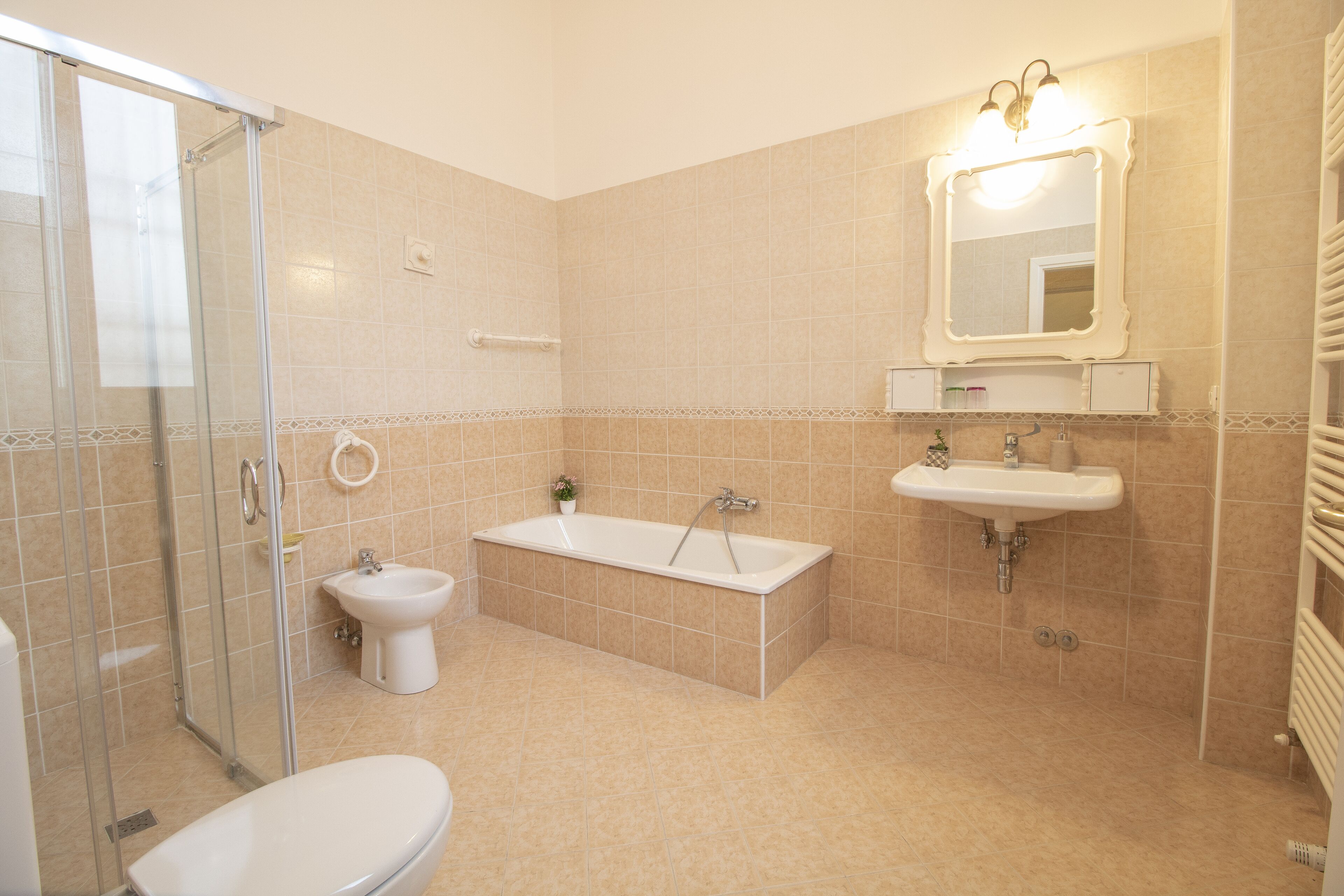 A bathroom with a shower, toilet, bathtub, and two sinks.