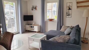 Smart TV, fireplace, DVD player, books