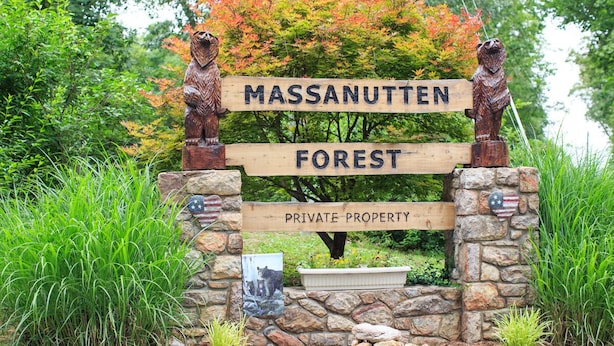 Un letrero de madera con estatuas de osos y la inscripción "Massanutten Forest Private Property".