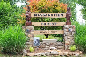 A wooden sign with 'MASSANUTTEN FOREST' and 'PRIVATE PROPERTY' written on it, flanked by bear statues, with a stone wall and a small American flag.