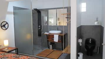 Ducha, cabezal de ducha con hidromasaje, secador de pelo, toallas