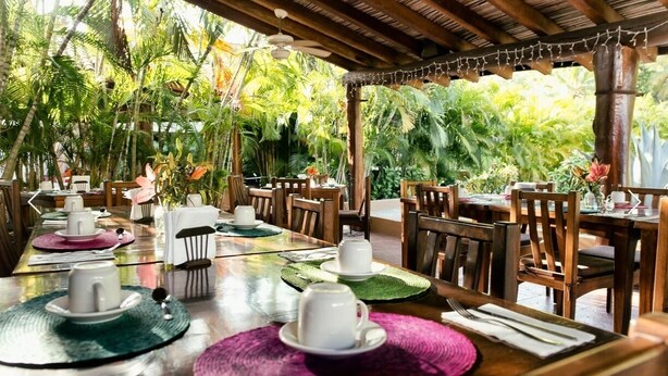 An outdoor dining area with wooden tables and chairs, surrounded by lush greenery.