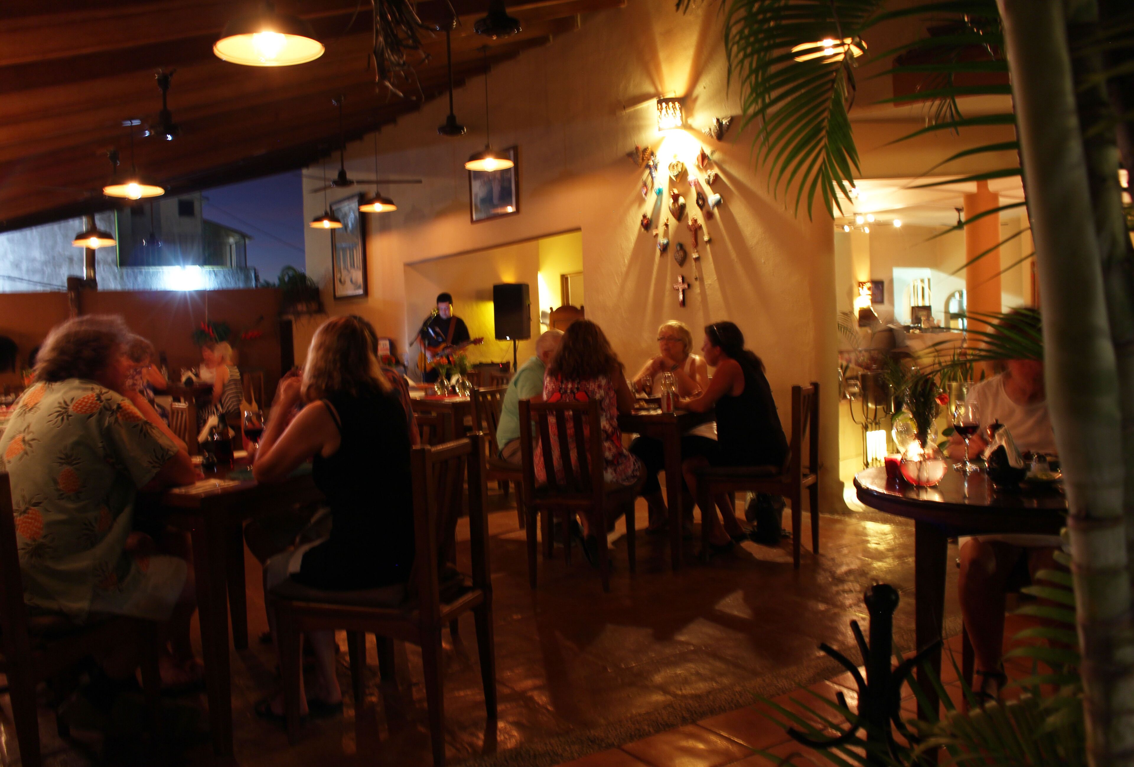 Un restaurante con mesas y sillas de madera, una araña y una planta grande.