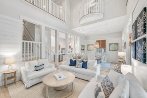 Smart TV, fireplace, books, offices