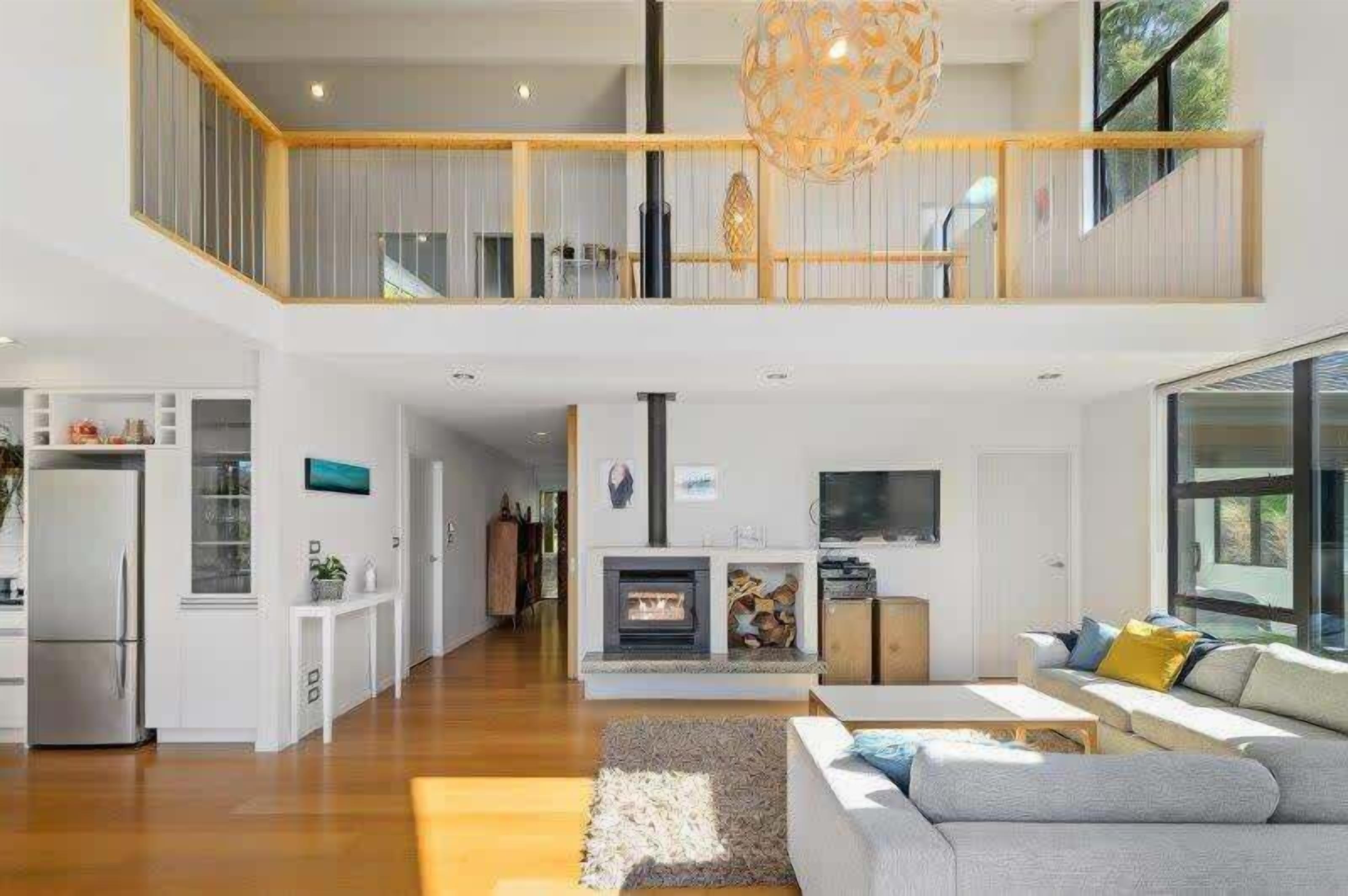 TV, fireplace, books