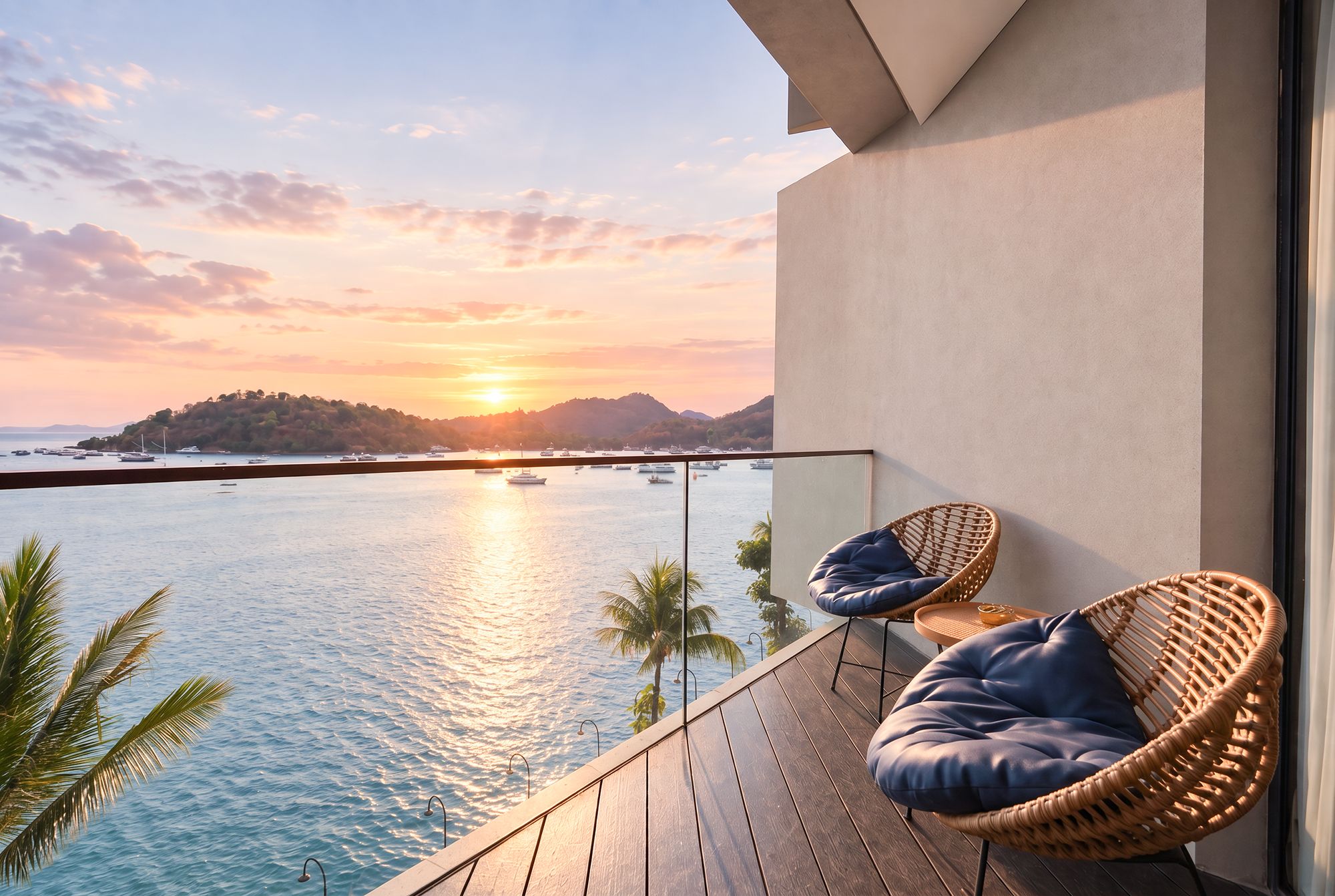A balcony with a view of the sea and boats at sunset.