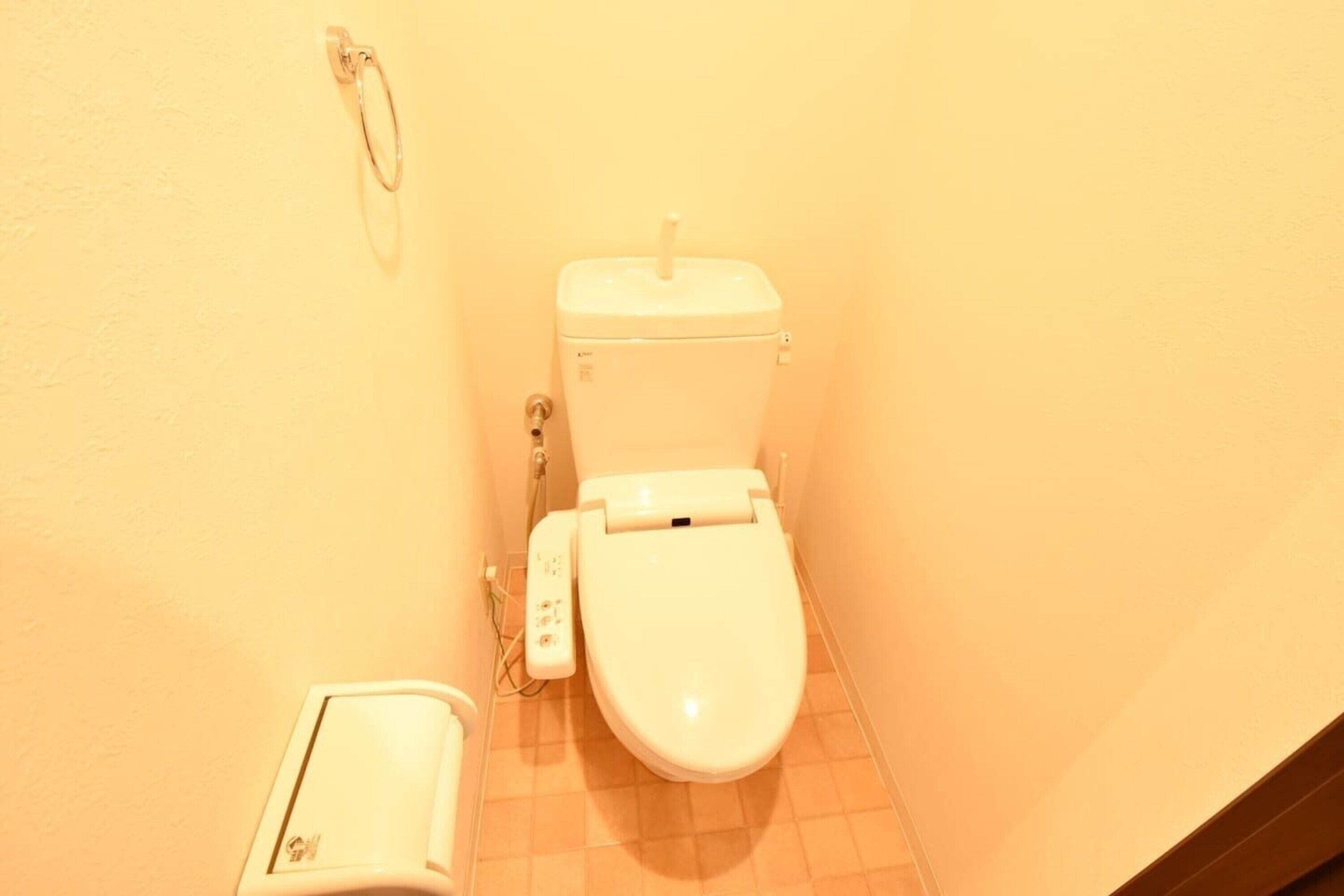 A small, compact bathroom with a white toilet, a wall-mounted hand dryer, and a small trash bin.