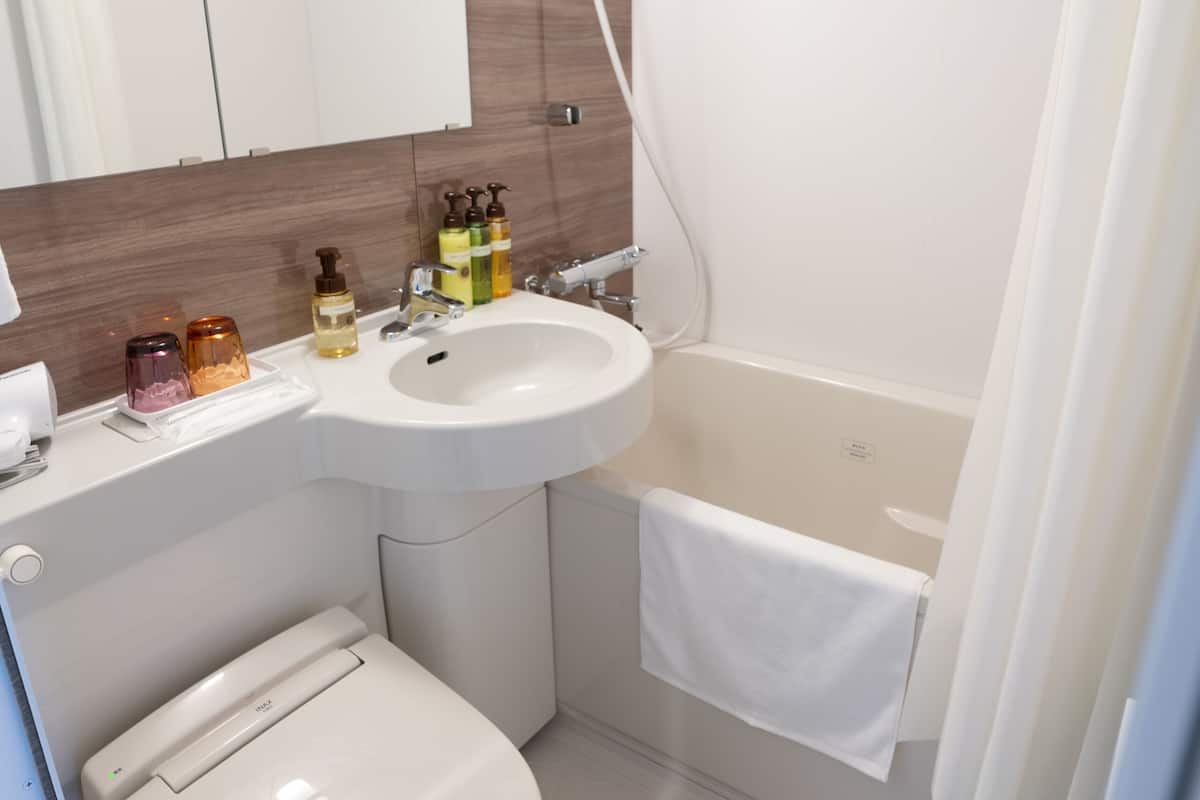 hair dryer, slippers, bidet, towels