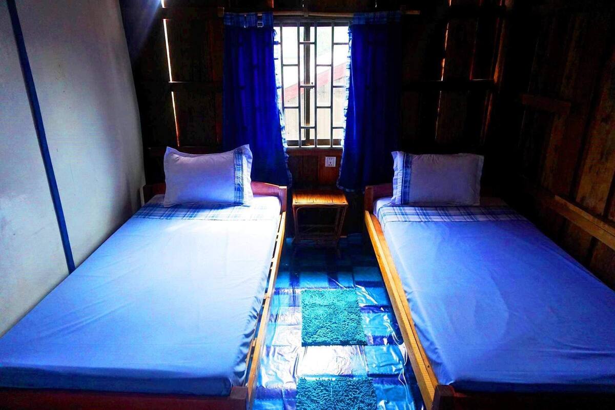 A room with two beds, wooden walls, and a window with blue curtains.