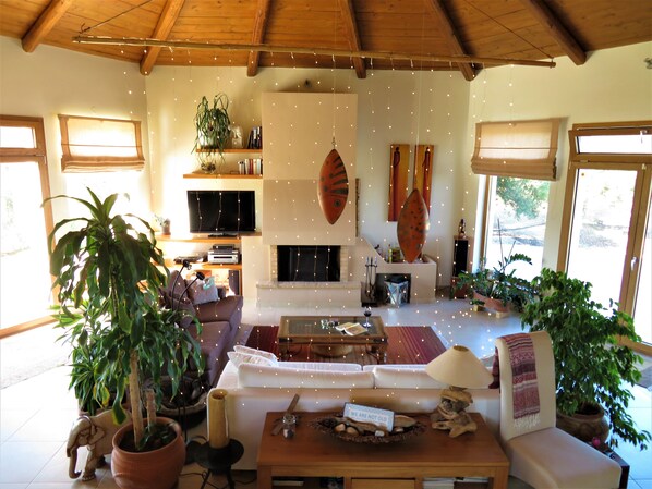 Smart TV, fireplace, DVD player, books