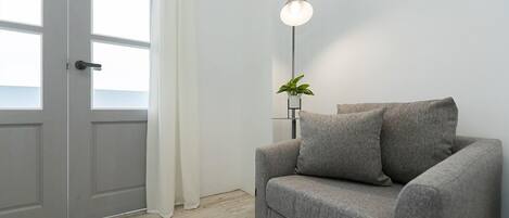 A modern living room with a grey sofa, a floor lamp, and a potted plant.