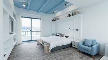 Un dormitorio moderno con una cama grande, un sillón azul, un armario blanco y vistas a la ciudad a través de un ventanal amplio.