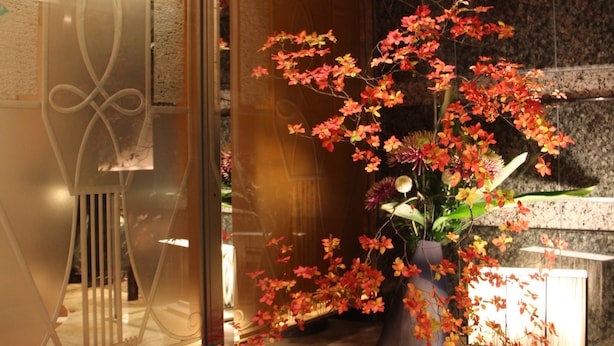 A hotel entrance with a red doormat, a large potted plant with red flowers, and a glass door with a decorative metal frame. - HOTEL APiO - Adults Only (Tokyo)