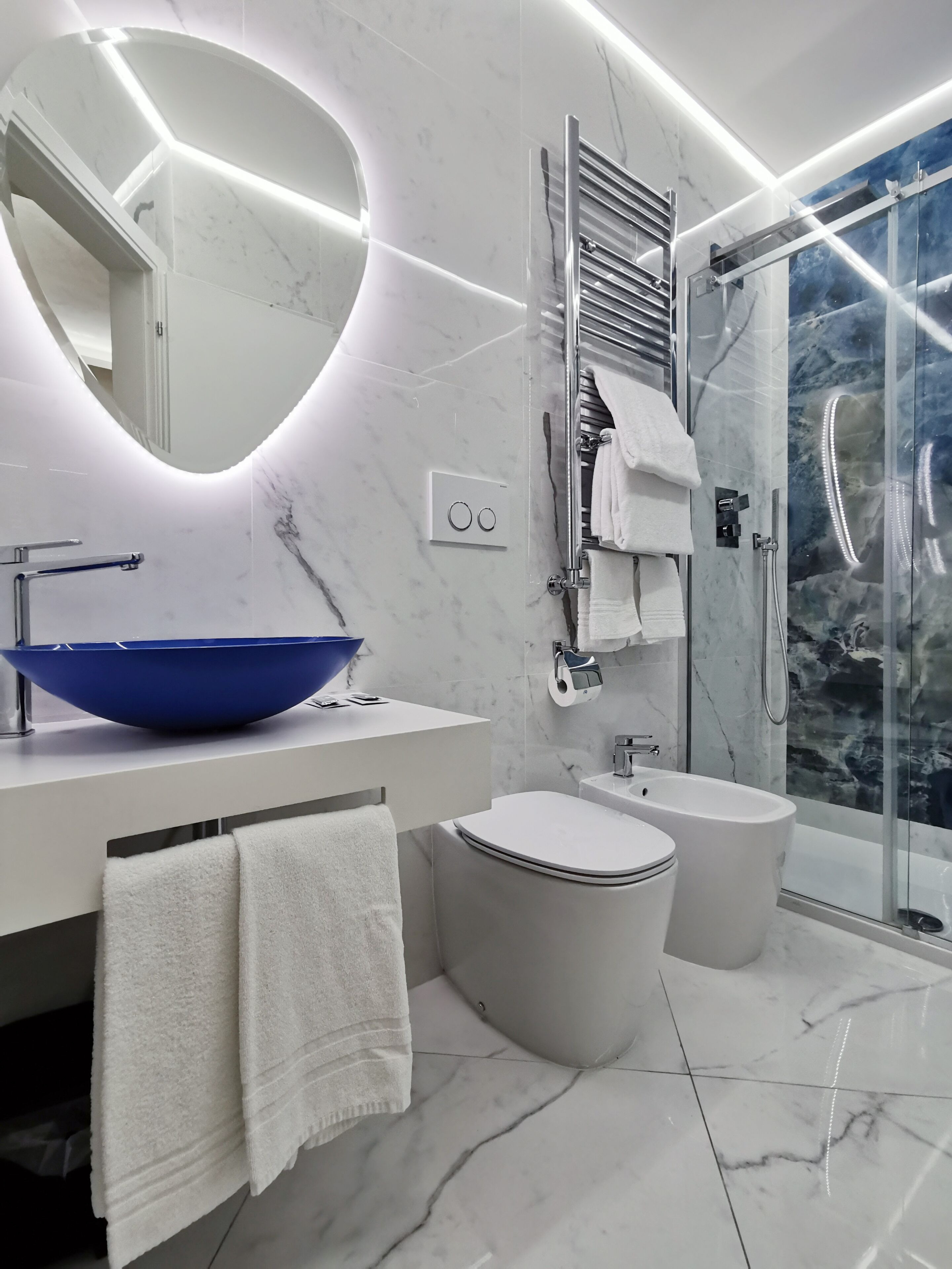 deluxe double or twin room | bathroom | rainfall showerhead, hair dryer, bidet, towels