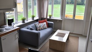 Een compacte leefruimte met kitchenette, een grijze bank met decoratieve kussens, een klein bijzettafeltje en grote ramen met uitzicht op een groen gazon en een geel huis.