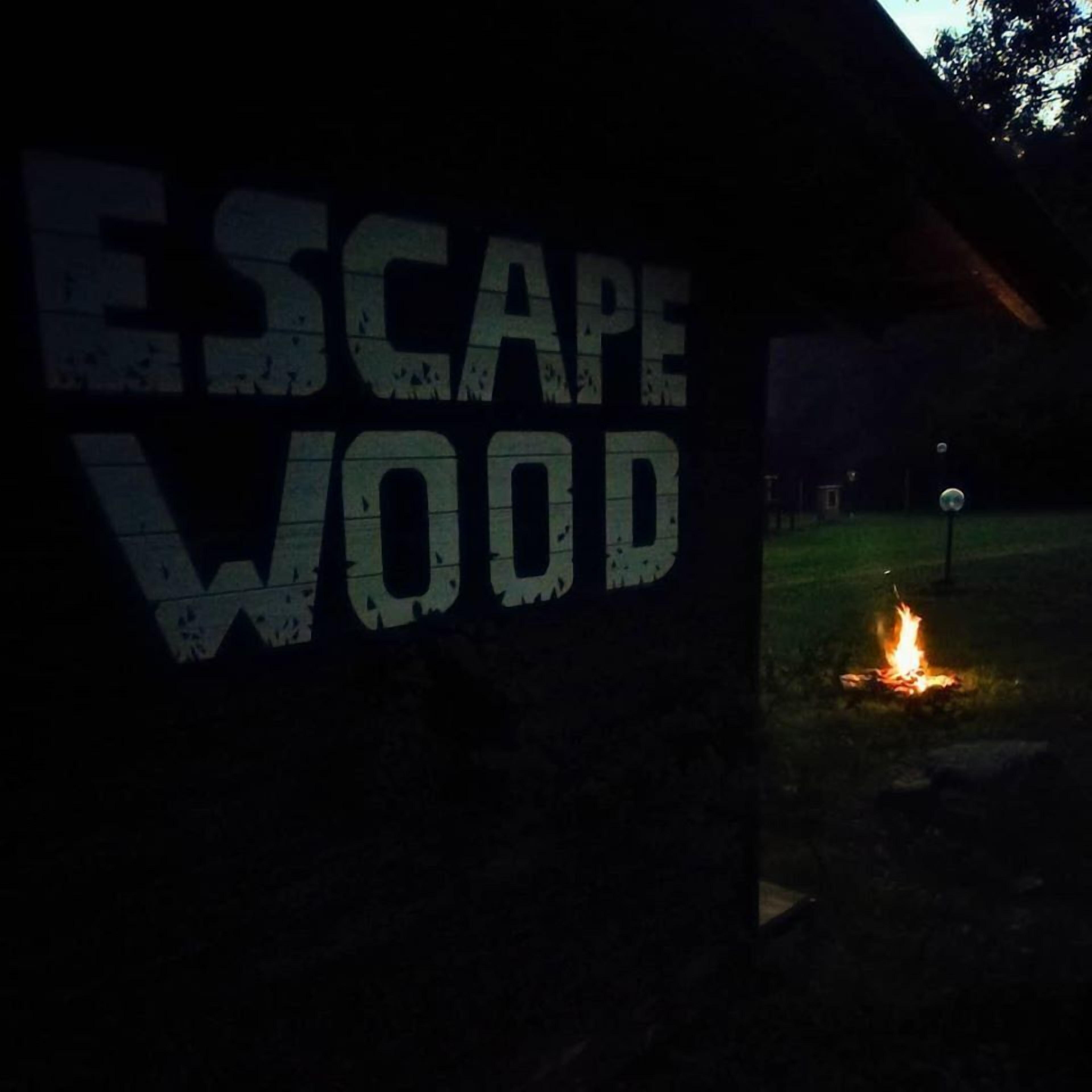 A sign with the words "ESCAPE WOOD" in a rustic font, suggesting a themed or nature-oriented establishment.