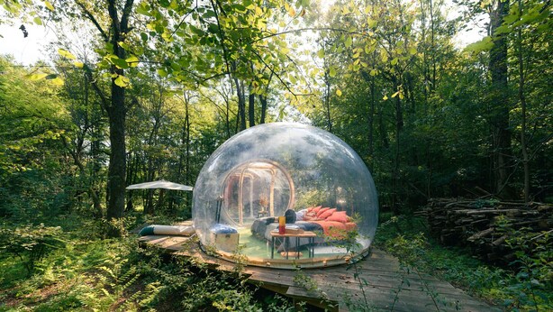 A transparent dome structure with a bed and seating area inside, surrounded by a forest. - Future is Nature Playground (Sala Biellese)